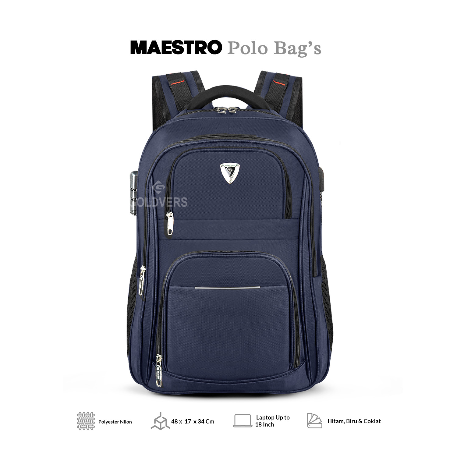 MAESTRO - Tas Ransel Polo 18 inch Kerja Sekolah Kuliah Backpack Kerja Pria Port USB Lock Key